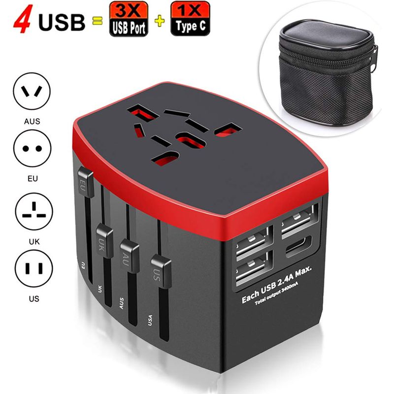 Adaptateur Voyage Universel, International Prise Universelle Avec 4 Usb, 4 En 1 Chargeur Usb Pour Usa Australie Japon Italie Chine, Prise Monde Applicable À 224 Pays Ou Régions, Noire
