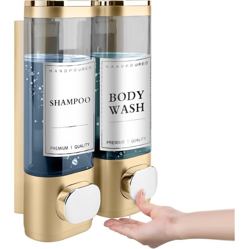 Sjlerst Distributeur De Savon Mural, Distributeur Gel Douche, Distributeur Double De Shampoing Et Après-shampoing Sans Perçage Abs Pour Salle De Bain Cuisine Marché Hôtel Restaurant 300ml2(or)