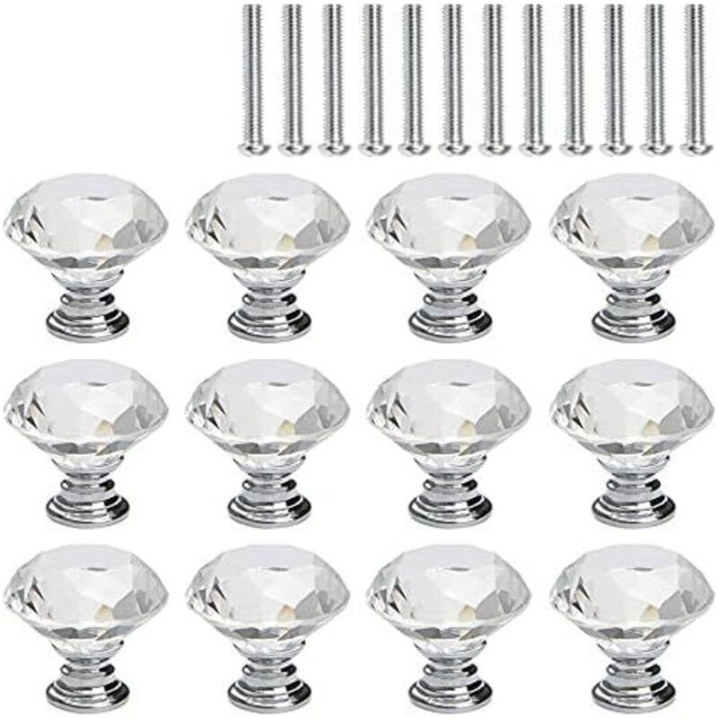 12 Pcs Bouton De Meuble Cristal, Poignée Bouton De Porte Placard Meuble Tiroir, Diamant De Verre Cristal Transparent, Base En Argent