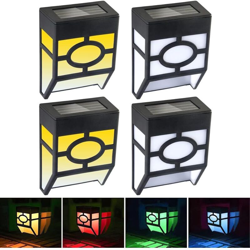 Lampes Solaires De Clôture D'Extérieur, Appliques Murales À Led, Éclairage Extérieur Étanche Pour Terrasse, Patio, Porte D'Entrée, Escalier, Paysage, Cour Et Allée (lot De 4, Blanc Chaud + Coloré)