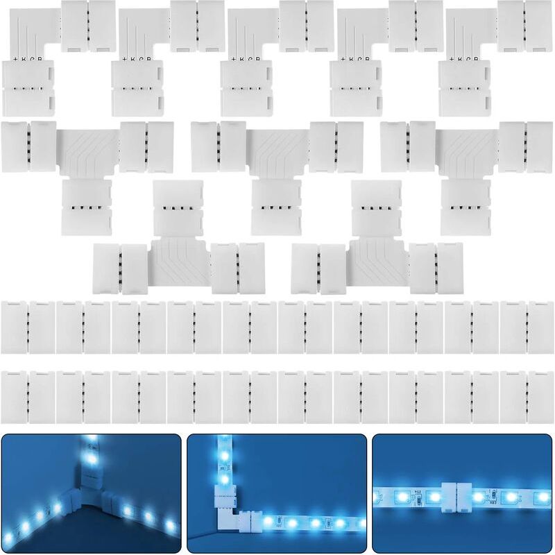 30 Pièces Kit De Connecteur De Bande Led Rgb Complet, 4 Broches 10 Mm Extension D'Adaptateur Sans Soudure Compatible Avec Bande Led Smd 5050, 20 Connecteurs Gapless, 5 L Connecteurs 5 T Connecteurs