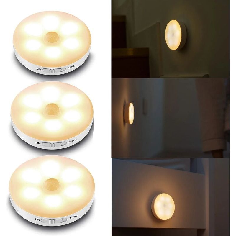 3pcs Lampe Détecteur De Mouvement,lampe De Placard/armoire,veilleuse Led,lampe À Led Sans Fil,rechargeable Lampes De Nuit Pour Vitrines,cuisine,chambre,coiffeuse,couloir,escalier [classe Énergétique A