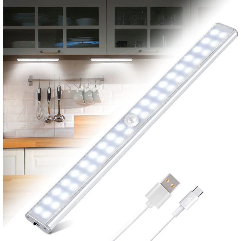 Lampe De Placard 40 Leds, Eclairage Placard Détecteur De Mouvement, Reglette Led Rechargeable Usb, 4 Modes D’éclairage, Lumière De Placard, Bande Magnetique Adhésive Veilleuse Led，30cm（lumière Blanche