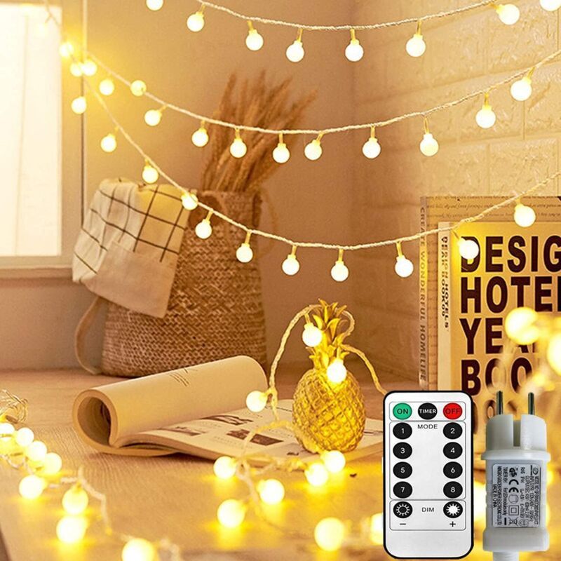 Aougo – Guirlande Lumineuse D'Extérieur 100 Led – Blanc Chaud – 8 Modes Avec Télécommande – Longueur 10m Pour Noël Et Mariages
