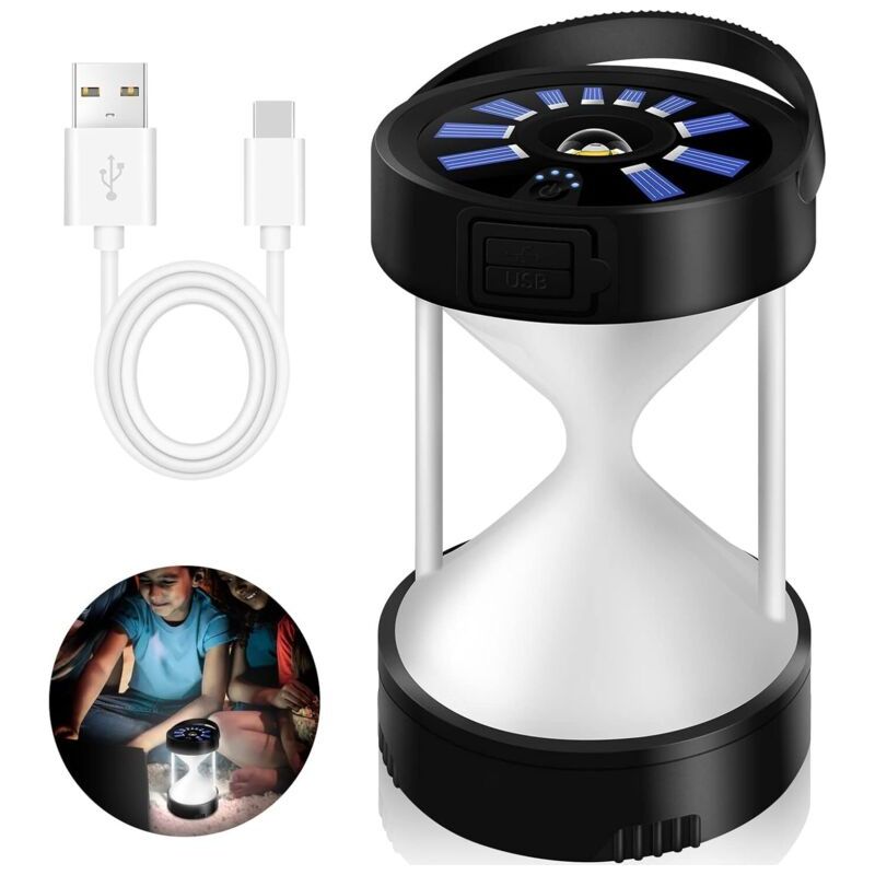 Lampe De Camping Solaire À Led Usb-c Rechargeable Avec Indicateur De Batterie - Fixation Magnétique Inférieure Pour La Randonnée En Plein Air, Les Urgences Sos [classe Énergétique A+]