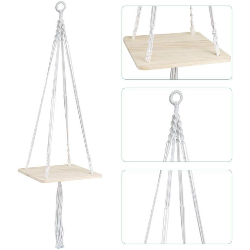 Wood Hanging Shelf Suspension Plante Macramé Porte Suspendre Support De Pot De Fleurs Flower Pot Holder Boho Pour Plantes Hanger D'Intérieur Extérieur Home Decor (carré 105 Cm 41')