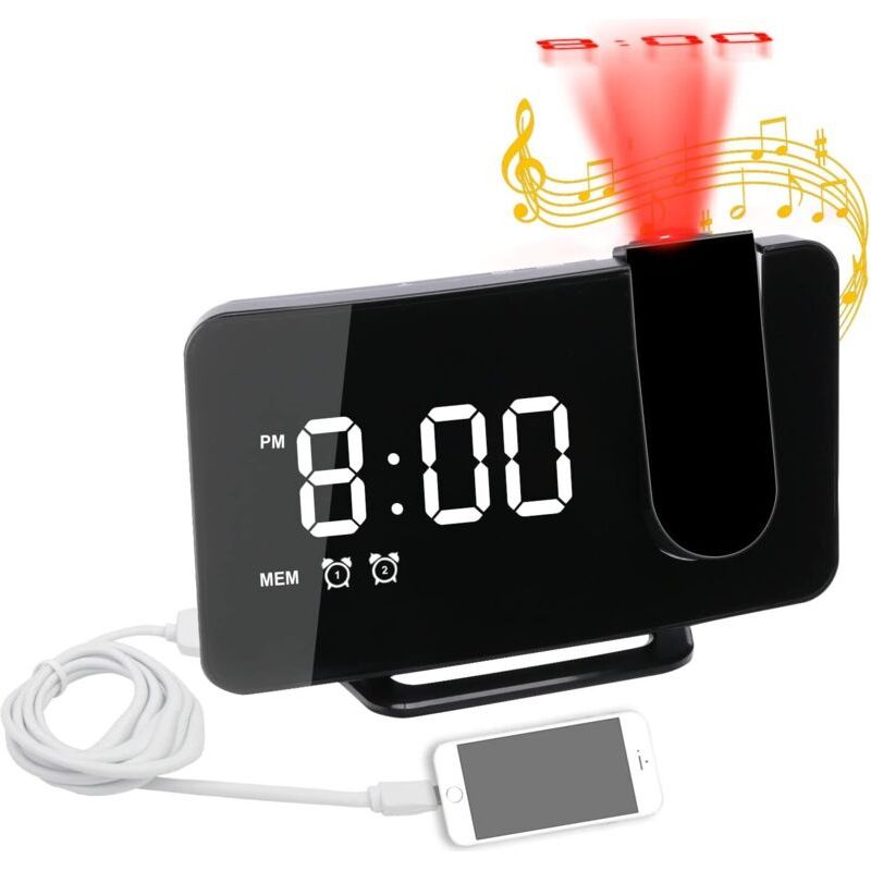 Réveil Numérique Avec Chargeur Usb/projection Au Plafond, Double Réveil Fort, Réveil À Projecteur Simple Pour Dormeurs Lourds, Adultes, Personnes Âgées, Chambre