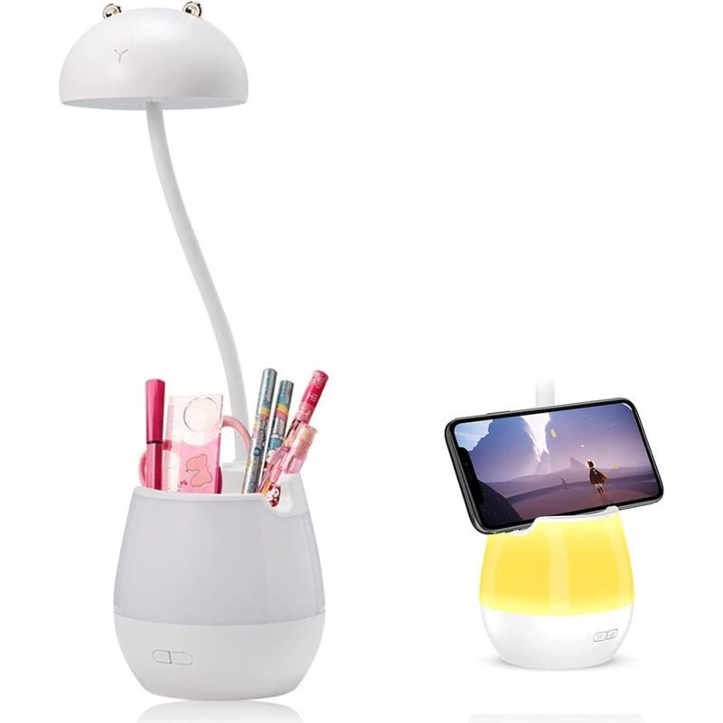 2 En 1 Lampe De Bureau Led + Veilleuse, 5 Niveaux De Luminosité, Lampe De Lecture Rechargeable Avec Porte-stylo Et Support De Téléphone, Lampe De Table À Col De Cygne Réglable Pour Les Dortoirs (ours)