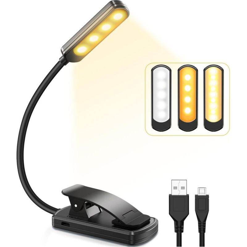 Lampe De Lecture, Lampe De Lecture Led, Lampe À Clip De Chargement Usb, 3 Couleurs, 9 Niveaux De Réglage, Mini Veilleuse, Adaptée À La Lecture Au Lit, Aux Enfants, Au Kindle, Aux Voyages