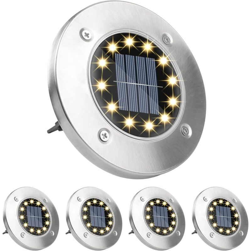 Lot De 4 Lampes Solaires Au Sol - 12 Led - Blanc Chaud - Solaires D'Extérieur - En Acier Inoxydable Ip65 - Étanche - Pour Pelouse, Allée De Jardin, Cour
