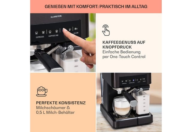 Klarstein - Espresso Siebträgermaschine Mit Milchaufschäumer, 1,8l Mini-espressomaschine Mit Siebträger, 20 Bar Edelstahl-kaffeemaschine Klein, 1350w Kaffeemaschine Für Cappuccino, Latte, Espr