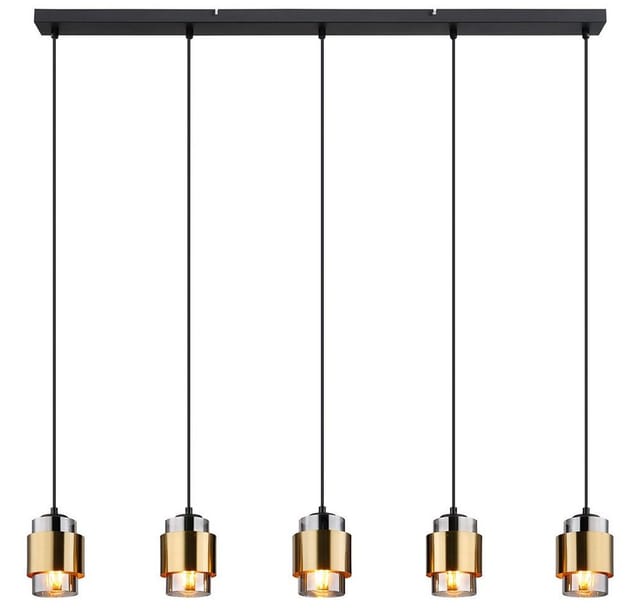 Hängeleuchte Esszimmerleuchte Pendellampe Wohnzimmerleuchte Esstischlampe, Metall schwarz Messingring Glas rauchfarben, 5 Flammig E27, h 150 cm