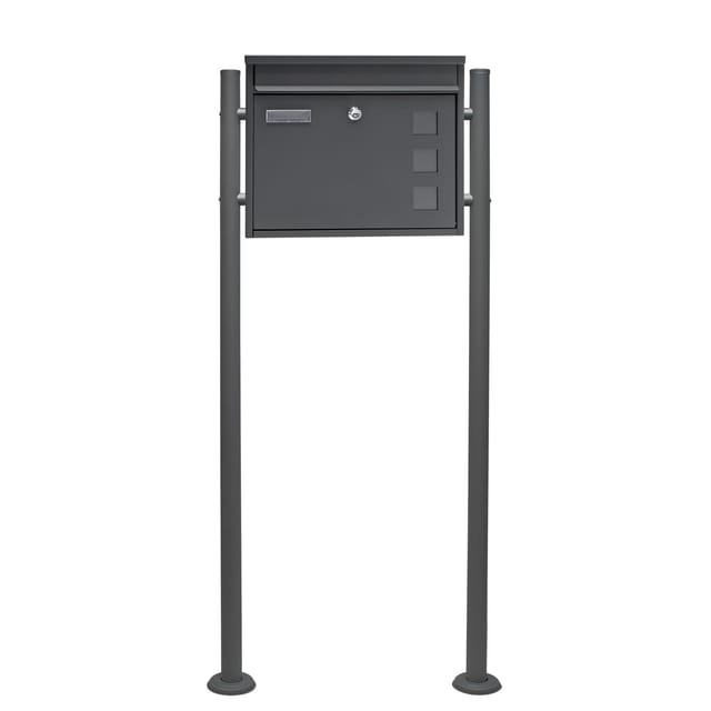 Wiltec - Set Briefkasten V12 Anthrazit 360 x 115 x 320 mm mit Ständer, Wandbriefkasten mit Schloss, Sichtfenstern und Namensschild, Postkasten aus