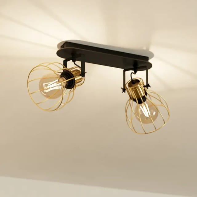 Deckenleuchte Deckenlampe Spotleuchte Esszimmer Geflecht Käfig Holz, verstellbar, schwarz messingfarben, 2x E27 Fassung, LxBxH 48x28x26 cm