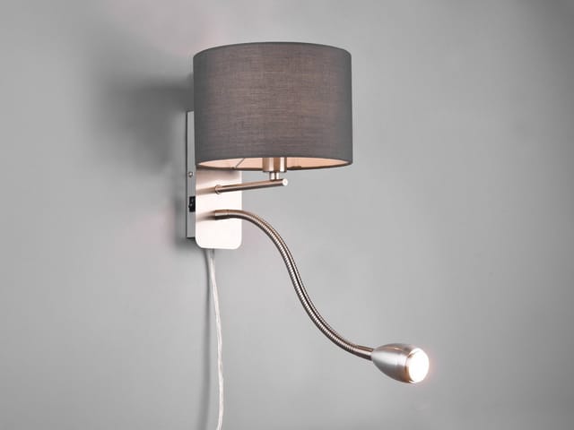 Meinewunschleuchte - led Wandleuchte Silber matt mit Stoffschirm Grau & Leselampe, Höhe 23,5cm