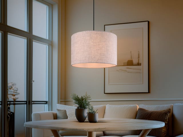 Meinewunschleuchte - Skandinavische led Pendelleuchte mit beigem Stoffschirm und Naturholz, ø 35cm