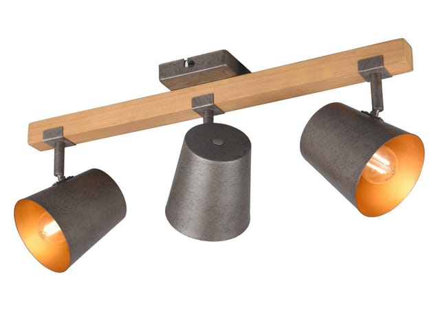 Led Deckenstrahler 3-flammig Silber antik & Gold mit Holz, Breite 54cm