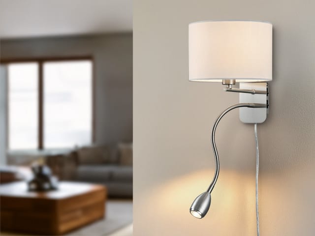 Meinewunschleuchte - led Wandleuchte Silber matt mit Stoffschirm Weiß & Leselampe, Höhe 23,5cm