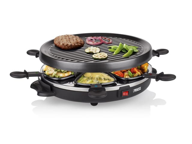 Raclette mit Grillplatte & Teppan Gabeln für 6 Personen Tischgrill rund 800 Watt