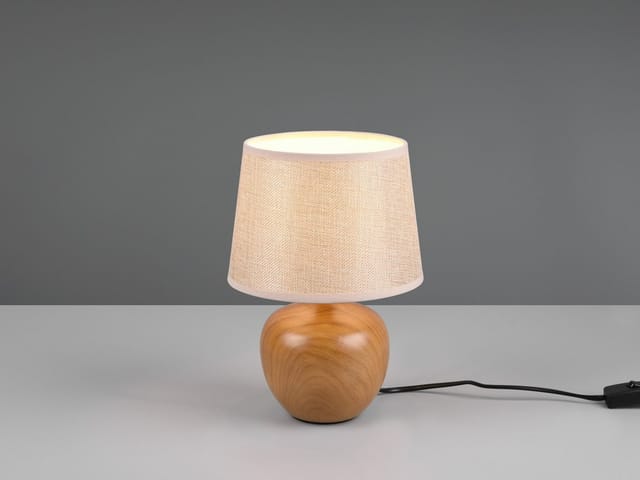 Meinewunschleuchte - led Tischleuchte Keramik in Holzoptik mit Stoffschirm Beige, Höhe 26cm