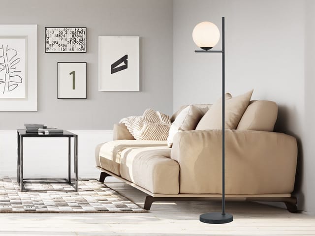 Meinewunschleuchte - Retro led Stehleuchte Schwarz mit Glaskugel Lampenschirm Weiß, Höhe 150cm