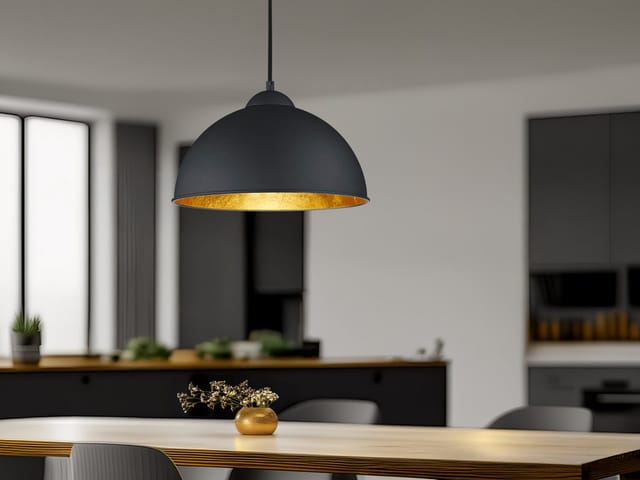 LED Pendelleuchte mit Metall Lampenschirm Schwarz innen Gold, Ø 31cm