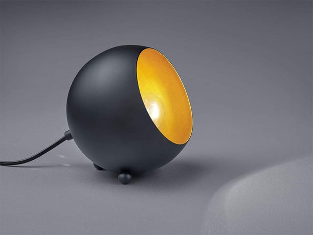Meinewunschleuchte - Runde led Tischleuchte Retro aus Metall in Schwarz matt & innen Gold, Höhe 16cm