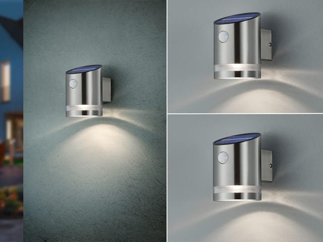 Meinewunschleuchte - led Solar Wandleuchte 2er Set Außenleuchte mit Bewegungsmelder Silber matt