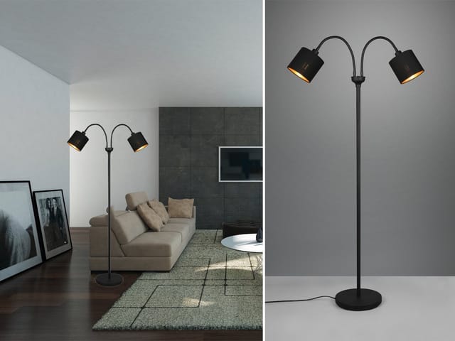 LED Stehleuchte 2 flammig, Stoffschirme Schwarz Gold, Höhe 130cm