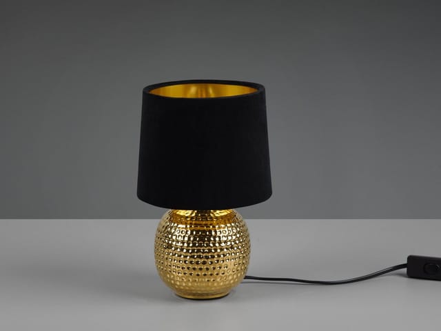 Meinewunschleuchte - led Tischleuchte mit Keramikfuß & Samtschirm Schwarz - Gold, Höhe 26cm