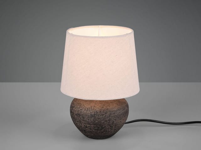 Meinewunschleuchte - Rustikale Keramik led Tischleuchte braun Stoffschirm in beige, Höhe 25cm