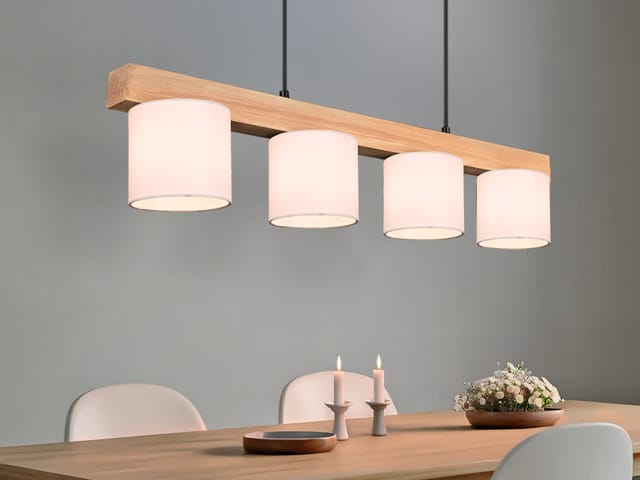 Meinewunschleuchte - led Holzbalken Pendelleuchte 4-flammig, Stoff Lampenschirme Weiß, b: 75cm