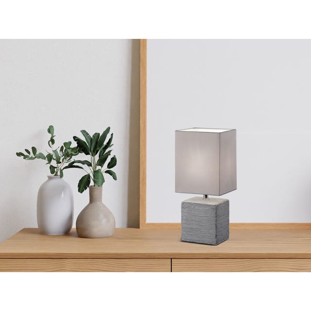 Meinewunschleuchte - led Tischleuchte mit Keramik & Stoff Lampenschirm Grau, Höhe 29cm