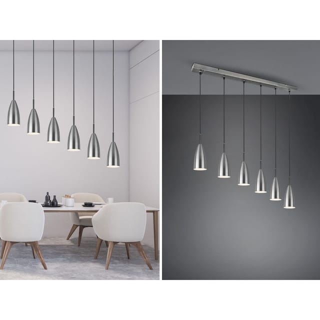 Led Pendelleuchte Silber 6 flammig Metall Lampenschirme Ø8cm, Breite 90cm