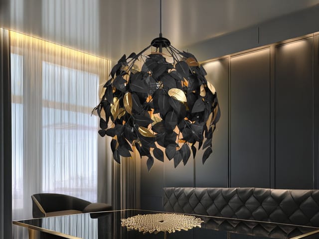Led Pendelleuchte mit Blätter Lampenschirm Schwarz Gold, ø 38cm