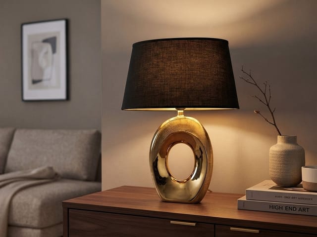 Meinewunschleuchte - Kleine led Tischleuchte Keramik Gold - Stoffschirm Schwarz, Höhe 33cm