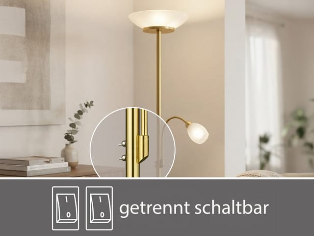 Meinewunschleuchte - led Deckenfluter mit Flexarm Leselampe, Messing & Glasschirme weiß, h: 180cm