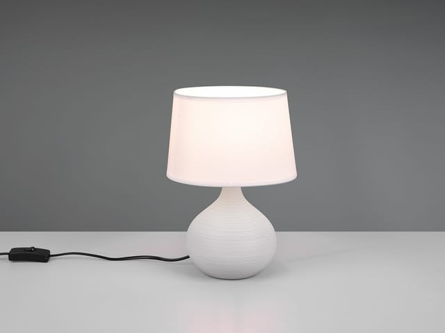 Meinewunschleuchte - led Tischleuchte Keramik Cappuccino mit Stoff Lampenschirm Weiß, Höhe 29cm