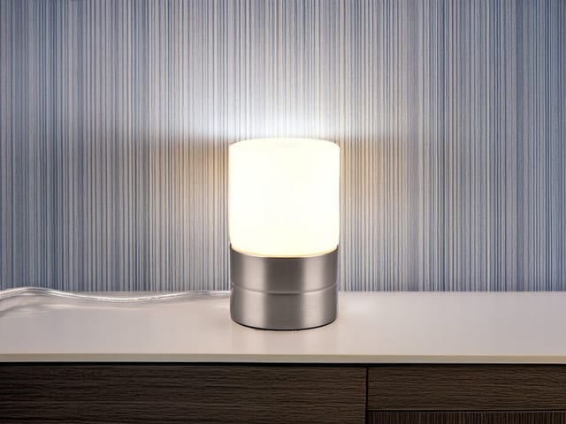 Kleine LED Tischleuchte per touch dimmbar, Silber mit Glasschirm, Höhe 15cm