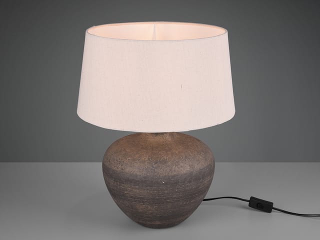 Große LED Keramik Tischleuchte braun mit Stoffschirm in beige, Höhe 46cm