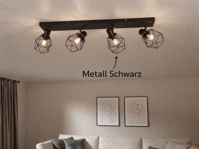 Meinewunschleuchte - Industrial Deckenstrahler narda 4-flammig Gitter Schwarz, Breite 70cm