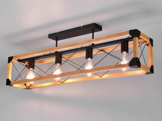 Led Deckenleuchte 4-flammig Schwarz mit Holzbalken, Breite 100cm