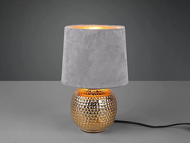 Meinewunschleuchte - led Tischleuchte Grau/Gold Keramikfuß Samtschirm, Höhe 26cm