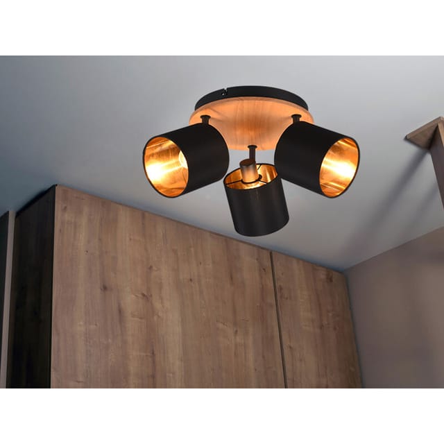 Meinewunschleuchte - led Deckenstrahler 3-flammig Holz & Stoffschirme Schwarz Gold, ø 25cm