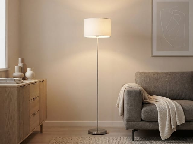 Led Stehleuchte Silber matt mit Stoffschirm in Weiß, Höhe 160cm