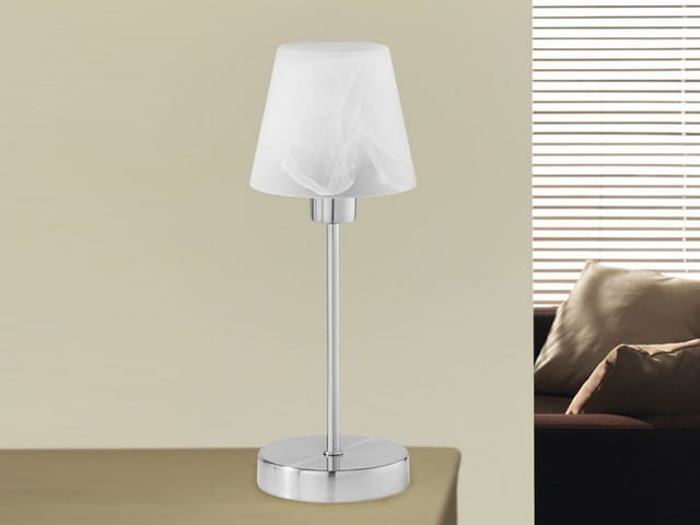 Meinewunschleuchte - led Tischleuchte Glasschirm Weiß Sockel Silber - Touch dimmbar, Höhe 32cm