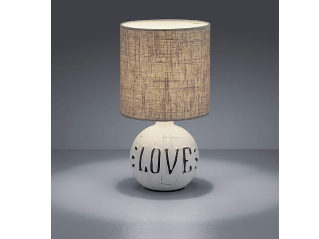 Meinewunschleuchte - led Tischleuchte Keramik-Sockel Schriftzug love Stoffschirm Braun, Höhe 31cm