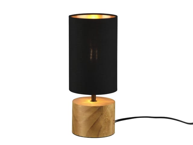 Meinewunschleuchte - led Tischleuchte mit Holzfuß & Stoffschirm Schwarz Gold, Höhe 30cm