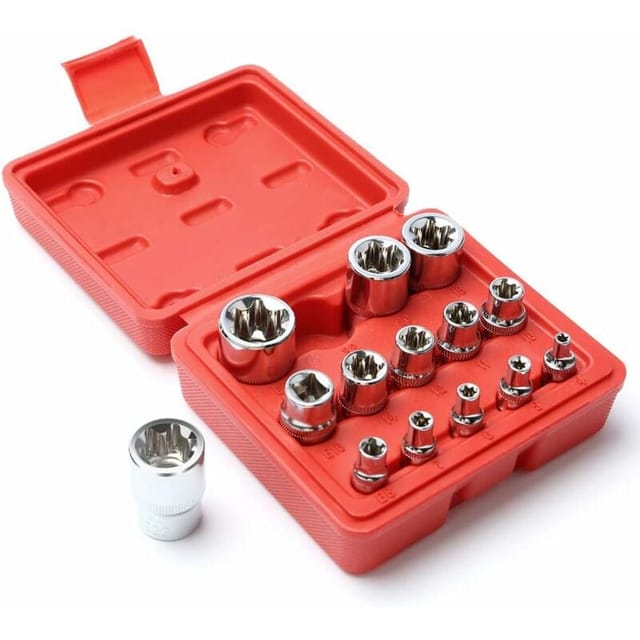 Sternförmige Torx-Steckschlüssel, Typ EC, Ratschensatz, Steckschlüssel, E-Profil-Satz (Außentorx) E4 - E24, Irisfr (14er-Set)