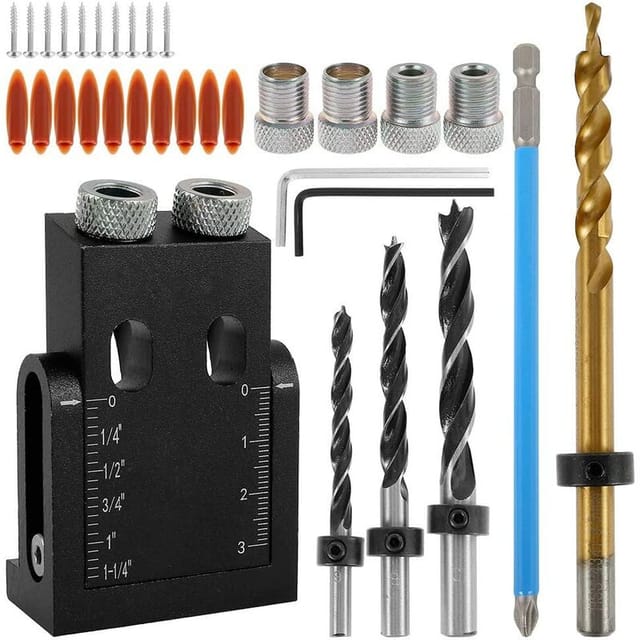 38-teiliges Taschenlochbohrset, Schrägbohrlehre, 15°-dübelbohrer-set, Eckbohrlehre Für Holzbearbeitung Mit 6/8/10-mm-lochadapter (38-teilig)